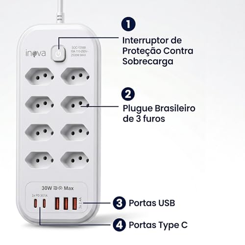 Filtro de Linha,Extensão Eletrica,Extensão Tomada,Régua Tomada 3 Interfaces USB,2 Portas USB Tipo-C,Cabo de Alimentação de 2Metros,Potência de 2500w,Suporta a Tensão de 110-220V Branco(8 Tomadas)