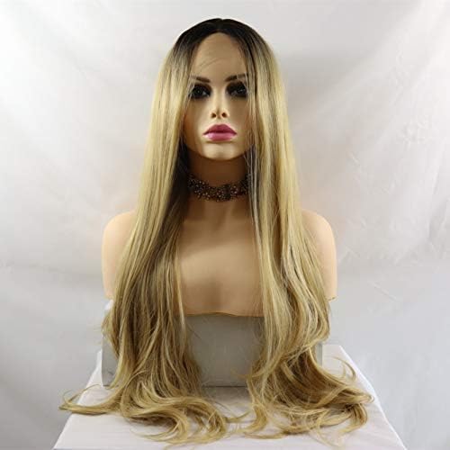 Lucyhairwig Synthetic Lace Front Wig Ombre Blonde Color Full Wavy Heat Resistant Fiber Hair Half Hand Tied Wigs For Women