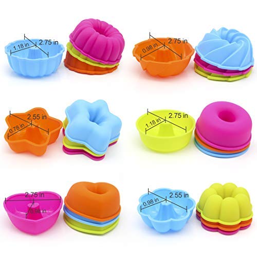 LetGoShop Silicone Molds for Muffin, Reusable Cupcake Liners Donut Pans,Non-stick Baking Cups 6 Shapes,Heart, Stars, Flower, Round, Pumpkin, Spiral 24pcs colorful