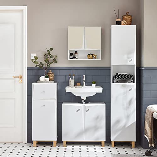 SoBuy Tall Slim Bathroom Storage Cabinet with 2 Doors and 1 Drawer, Long Cabinet Storage Narrow Standing Storage Cupboard for Laundry Room, Kitchen and Corner Spaces, White, BZR91-W