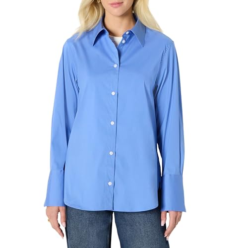 Amazon Essentials Women's Oversized-Fit Cropped Cotton Stretch Poplin Button-Down Shirt, Blue, Small
