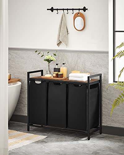 VASAGLE Cesto para Ropa Sucia, Cesta Colada, 3 Bolsas Colada de Tela Oxford, 3 x 40 L, 92.5 x 33 x 72 cm, Negro Tinta y Marrón Rústico MBLH301B01V1