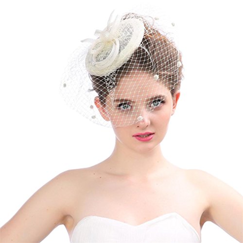 image for SUKEQ Fascinator Hat, 2018 New Feather Mesh Net Veil Party Hat Clip He
