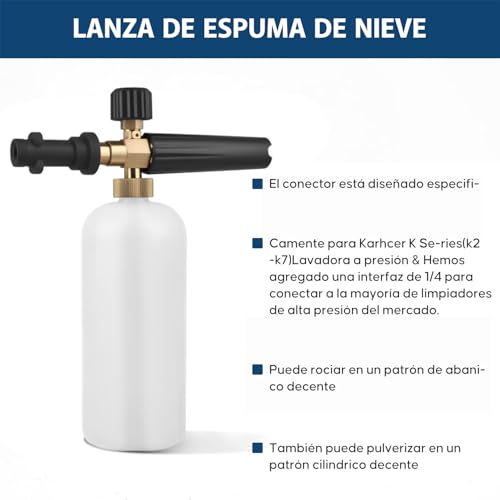 Boquillas de Espuma para Hidrolimpiadoras,Compatible Karcher SerieK(K2-K7) con Conector Rápido de 1/4"，750ML Boquilla Ajustable para Detallado de Autos, Limpieza de Casas y Jardines