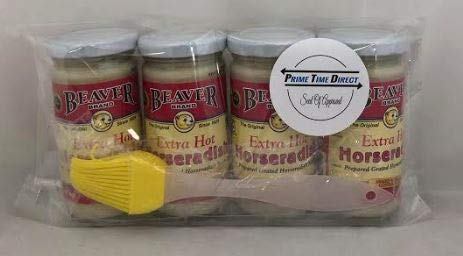 Beaver Horseradish Extra Hot 4 oz (4 pack) With Silicone Basting Brush in a Prime Time Direct Sealed Bag