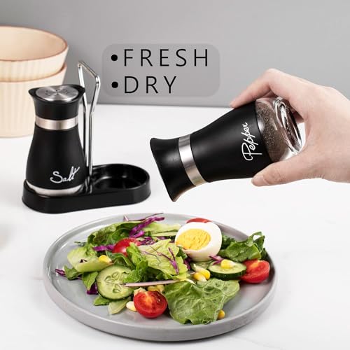 Salt and Pepper Shakers Set,4 oz Glass Bottom Salt Pepper Shaker with Stainless Steel Lid for Kitchen Gadgets Cooking Table, RV, Camp,BBQ Refillable Design (Black)