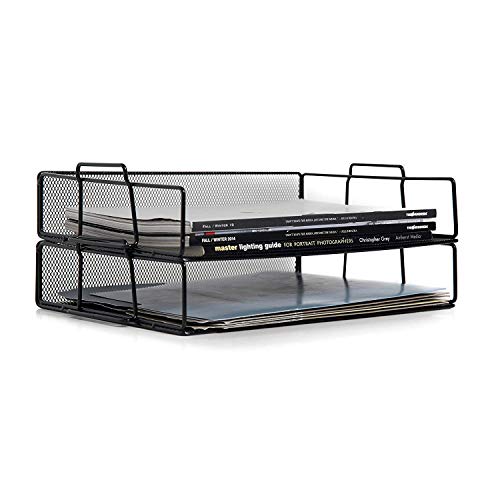 Klickpick Office 2 Tier Stackable Heavy Duty Metal Desktop Letter Tray File Organizer Sorter Desk Document Organizer Shelf Tray Magazine Holder Paper File Newspaper Organizer Tray - Black