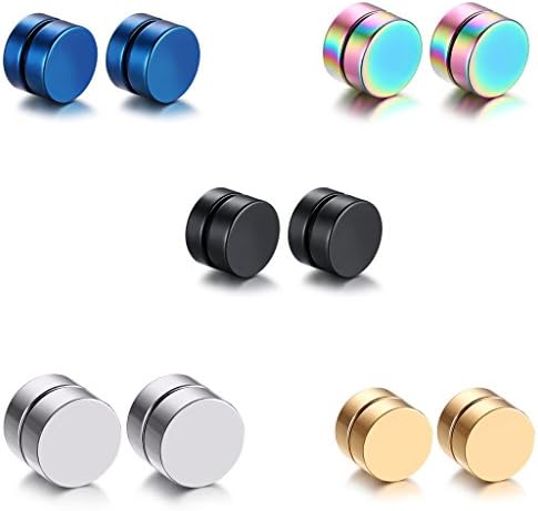 Hopefulcom 5 Pairs 8mm Tian Stainless Steel Fake Earring Fake Mens Stud Earrings Hoops Tunnel Earrings for Women Fakeplug Fake Plug Earrings Stainless Steel Mens Pierced Earrings Black Stainless