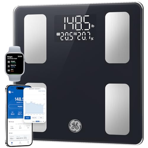 GE Smart Scale for Body Weight: BMI Body Metrics Digital Bathroom Scales, 13 Body Composition Monitor for Home Gym, Bluetooth App Sync, Accurate 400lb Weighing, Black 11inch