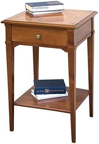 Square lamp table for living room, entryway side table in solid wood, tessellated top, bottom shelf, cherry and beech wood side table 50 x 50 x 77 cm, handmade side table made in Italy