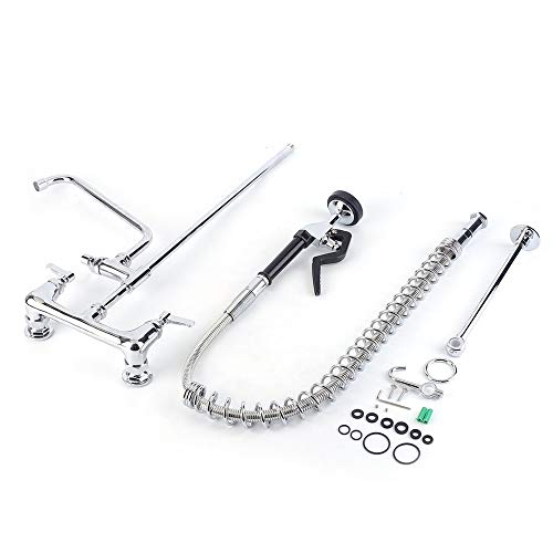 SEAAN Commercial Sink Faucet Wall Mount Pre-rinse Faucet 2 Handle Pulldown Kitchen Faucet with Sprayer- 36" Height 8" Center, 12" Add-on Spout, Chrome Finished, Heavy Duty