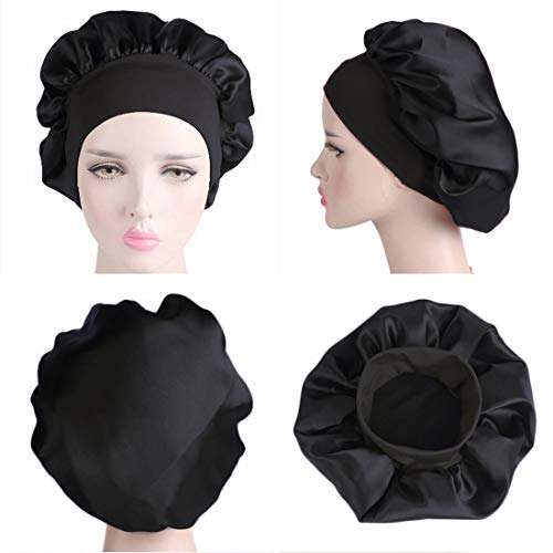 Satin Bonnet Sleeping Cap Women Wide Elastic Band for Curly Long Hair 2pcs (Black+Wine Red)