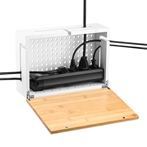 Bamboo Cable Management Box 32×20×11cm - Magnetic Lid - Cable Organizer Wall Mount with Accessories Included - Cable Storage Box for Office, TV and Home Office (White)