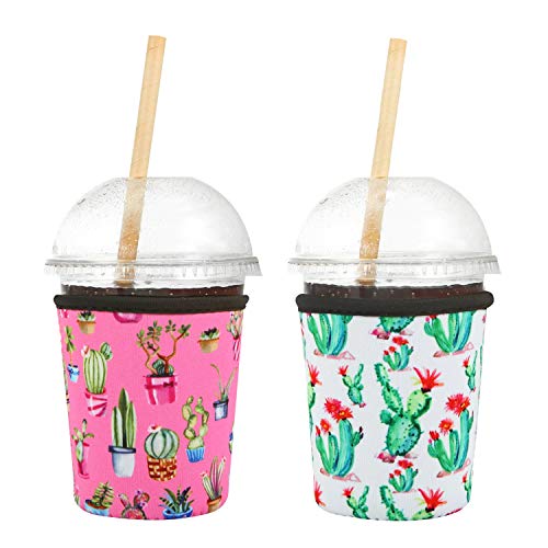Creatyi 2 PCS Reusable Iced Coffee Sleeve Hot Coffee Sleeve Neoprene Cup Holder Drinks Sleeve Perfect for Your Coffee Drinks (16-18 oz Small, Cactus)
