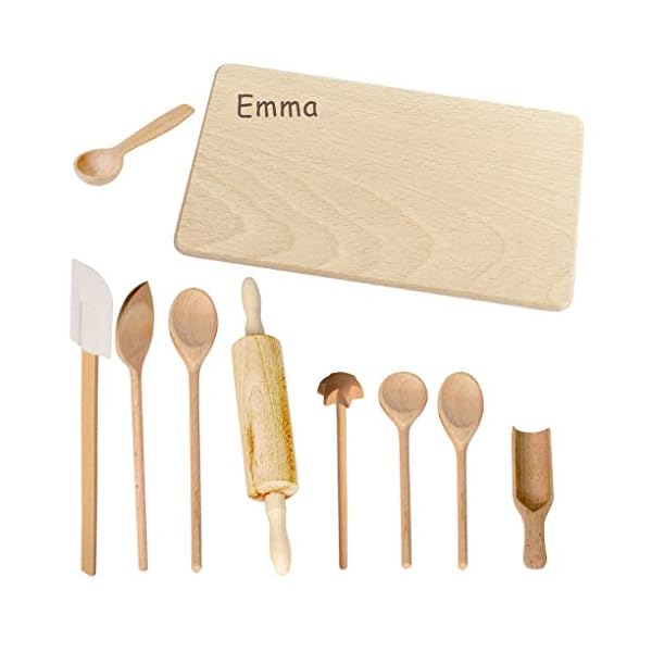 Holz Backset Kinder - INKLUSIVE Gravur mit Namen - Küchengeräte und Kinderküche Zubehör zum Backen, Kochen, Spielzeug personalisiert für Weihnachten als Geschenk