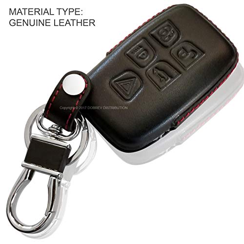 Dobrev 5 Buttons Genuine Leather Smart Key Case Rubber Cover Skin Fob Holder for Land Rover Range Rover Evoque Sport Vogue Discovery Freelander Remote Key (Black Leather)