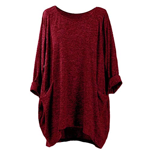iDWZA Womens Ladies Solid Casual Loose Color O-Neck Pockets Tee Shirts Blouses(S,Wine)