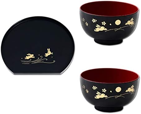 WYNCH Japanese Lacquer-Ware Tray and 2 Bowls with Rabbit Print (Black)