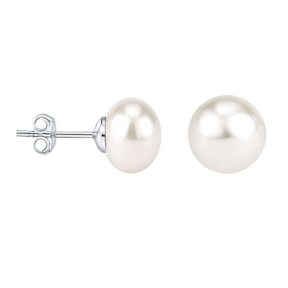 SILVEGO - GRP10W - Women 925 Sterling Silver Earrings with White Pearl Stud Earrings 10 mm