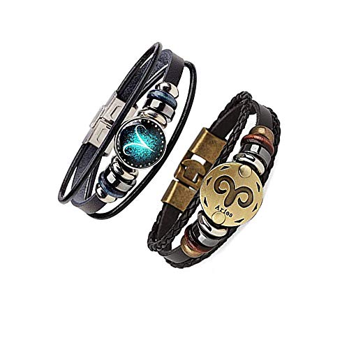 WLL2Pcs Multilayer Constellation Zodiac Leather Bracelet for Women Men Handmade Woven Zodiac Sign Wrap Wristband Bracelet Couple BFF Birthday Jewelry