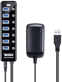 Tendak USB HUB 3.0 Powered with 7 USB 3.0 Data Ports + 1 USB Smart Charging Port and Power Adapter, Individual On/Off Switches for Mac, PC