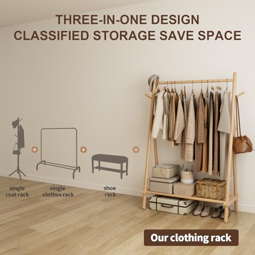 AQIMUELE Wooden Clothes Hanger, Clothes Stand, 46 x 100 x 155 cm, Heavy Duty Easy to Assemble Coat Stand with Shoe Stand (Natural)