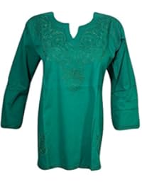 Womens Tunic Cotton Paisley Embroidered Top Blouse (Green 1)