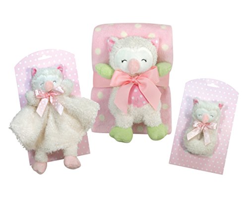 Stephan Baby Sleepy Owl Polka Dot Plush Blanket and 9-inch Plush Owl Gift Set, Pink and White