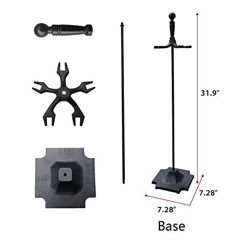 5 Pieces Wrought Iron Fireplace Tools Set Firepit Fireset with Handles, with Poker, Tongs, Shovel, Brush, Sturdy Center Stand - Thumbnail 4