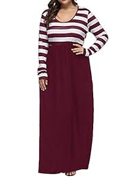 Allegrace Maxi vestido de manga larga a rayas, con cuello redondo, casual, para mujer