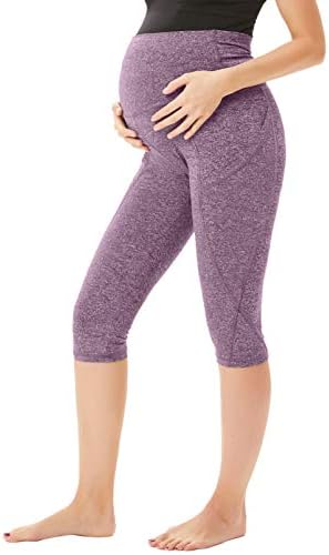 Women Maternity Over The Belly Active Lounge Comfy Capri Yoga Pants with Pocket