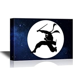 Canvas Wall Art - Ninja with a Sword Jumping in The Night Sky Under The Moon - Gallery Wrap Modern Home Art | Ready to Hang - 12x18 inches
