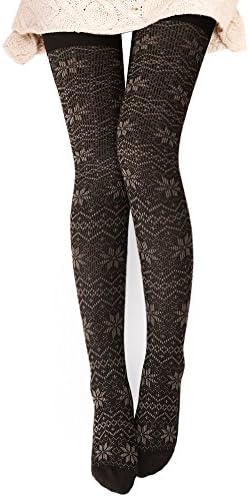 DELUXSEY Snowflake Leggings Tights Dark Brown - Warm Christmas Tights for Women