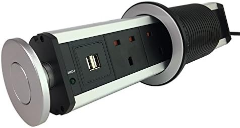 Pop Up Socket with 2 USB Charging Ports, 3 Way UK Plug Power Sockets for Kitchen Worktops Desktop