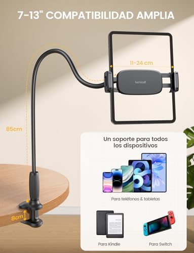 Lamicall Soporte para Tablet Gooseneck - [Brazo Flexible Cónico Exclusivo] Base para Tablet iPad con Cuello de Cisne para Cama Escritorio, Compatible con 4.7–13": iPad, Kindle, Switch, Galaxy, Celular