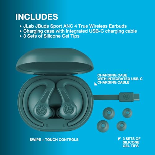 JLab, JBuds Sport ANC 4, True Wireless Earbuds, Active Noise Cancelling, Bluetooth, Multipoint Connect, Teal