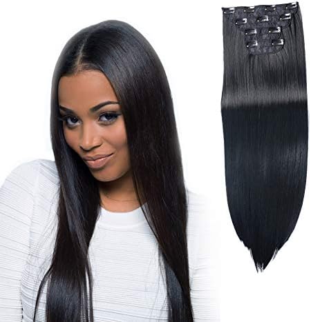 YUNKAI Full Head Clip In Hair Extensions 4 pieces Set Thick Hair For Women, Natural Look & Feel Japanese Heat Resistance Fibers Wigs Ladies 9.8 oz Of Hair Per Pack 24inch (Natural Black - Straight)