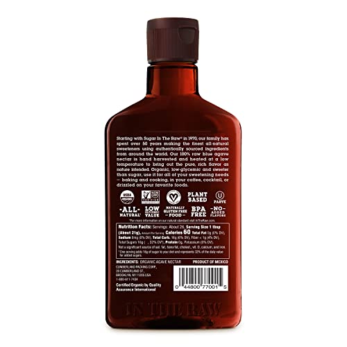 ORGANIC AGAVE IN THE RAW AGAVE NECTAR, 18.5 OZ., MADE WITH ORGANIC BLUE AGAVE FROM MEXICO, USDA ORGANIC, NON-GMO PROJECT VERIFIED, KOSHER VEGAN AND LOW GLYCEMIC INDEX