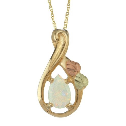 Opal Cabochon Teardrop Pendant Necklace, 10k Yellow Gold, 12k Green and Rose Gold Black Hills Gold Motif.