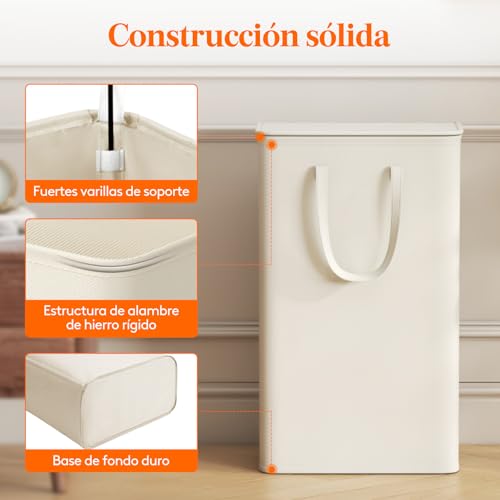Cesto Ropa Sucia Estrecho con Tapa, Cesta Ropa Sucia con Asas Extendidas, Cesta de Almacenamiento, Cubo Ropa Sucia Pequeño Plegable para Baño, Dormitorio, Lavadero, 65 L, Blanco