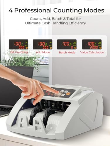 FOHERE Money Counter Machine, Professional Bill Counter with UV/IR/DD Counterfeit Detection, 1100 Banknotes/Minute, LCD Display, Value & Batch Cash Counting Modes for Shops, Banks and Restaurants