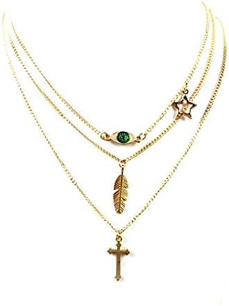Women's Leaves Eye Cross Star Pendant 3 Layers Multilayer Tassels Leaves Feathers Charm Long Chain Choker Necklace
