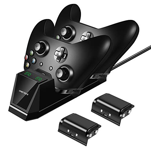 ONETEKS Xbox One Controller Charger with 2X 1200mAh Rechargeable Battery Packs Dual Xbox Controller Charging Station for Xbox One/One S/One X/One Elite(Black)