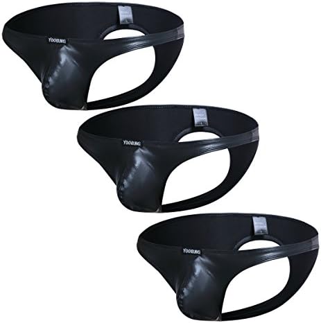 YouBin Men's Faux Leather Bikini Briefs Underwear Open Back Jockstrap Thongs Panties (L, Black-3pcs)