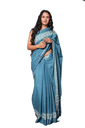 Hand Block Printed Cotton Mulmul Saree with unstitched Blouse (Jaipuri Print)
