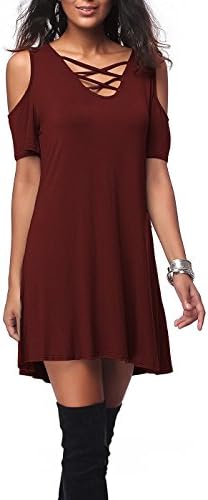 Sunfury Womens Summer Beach Flared Dress Simple Short Sleeve Plus Size T-shirt Wine XL