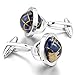 INBLUE Men's Rhodium Plated Cufflinks Silver Blue Globe Shirt Wedding (with Gift Bag)