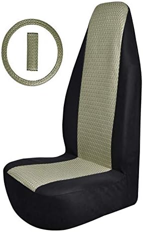 Car Bucket Seat Covers Front Seat Protector with Seat Belt Cover and Steering Wheel Cover Universal Fit Auto Truck Van SUV (Black & Beige)