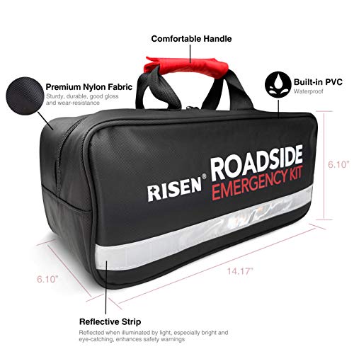 RISEN Premium Roadside Assistance Car Emergency Kit + Bonus First Aid Kit - Auto Safety Kit Contains Jumper Cables, Warning Triangle, Tow Rope, Screw Kit (63 Pcs/Pack)