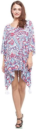 Summer and Sam Kaftan Mexicana Loose Short Beach Dress Swimsuit Cover Up (White Blue)